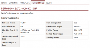 screenshot of a 10HP single phase motor data