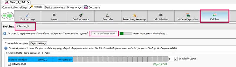 Select EtherNet/IP fieldbus protocol in COMBIVIS PLC programming software and perform a software reset