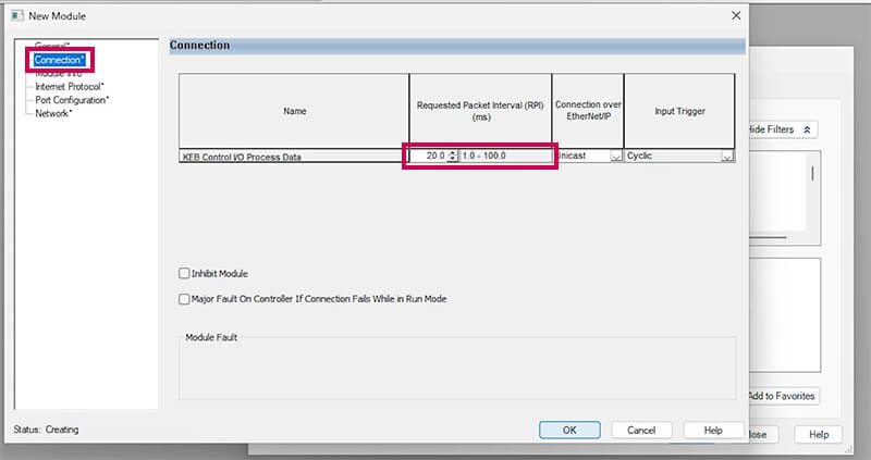 Logix 5000 tutorial screenshot selecting Connection Request Packet Interval-RPI