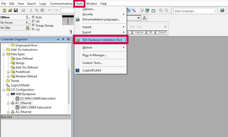 Logix5000 software to begin a KEB EDS file install using EtherNet/IP Communication