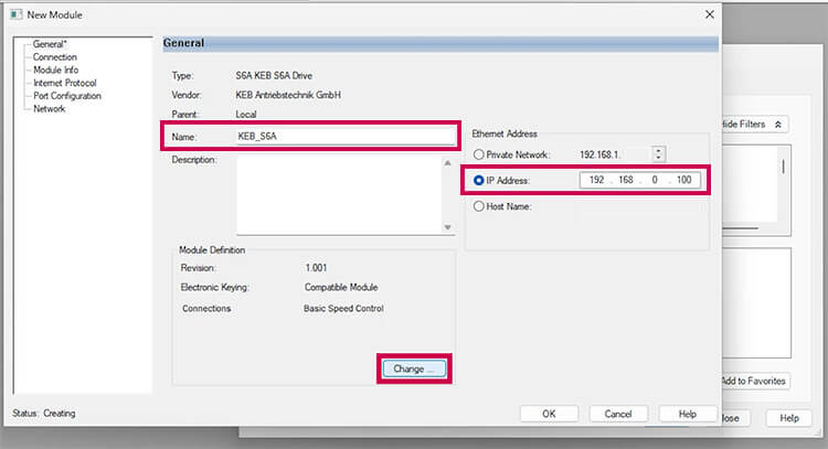 Logix 5000 KEB drive connection Name device and IP Address setup