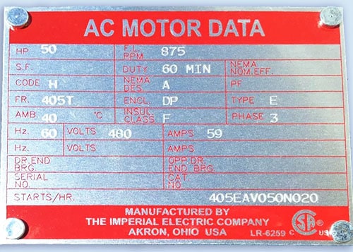 Imperial electric 875rpm 50hp name plate data
