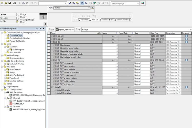 Finished setting up Implicit Messaging in Allen Bradley's Logix 5000 software
