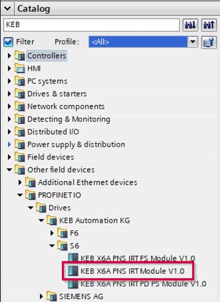 X6_Profinet Communication Setup in TIA screenshot of the Hardware Catalog