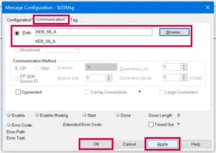 Figure 5 displays the message communication configuration path for a KEB drive