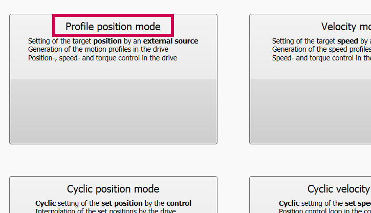 Select Profile Position mode in KEB Combivis Programming Software