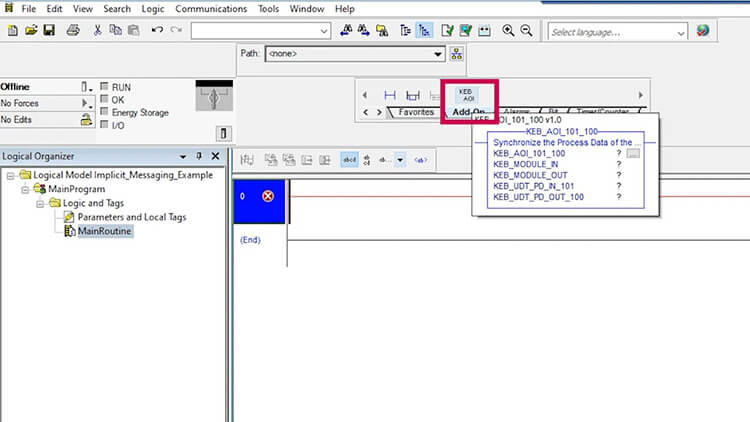 In Allan Bradley plc software Logix 5000, the 5th step is to add a Ladder in the Main Routine called KEB AOI