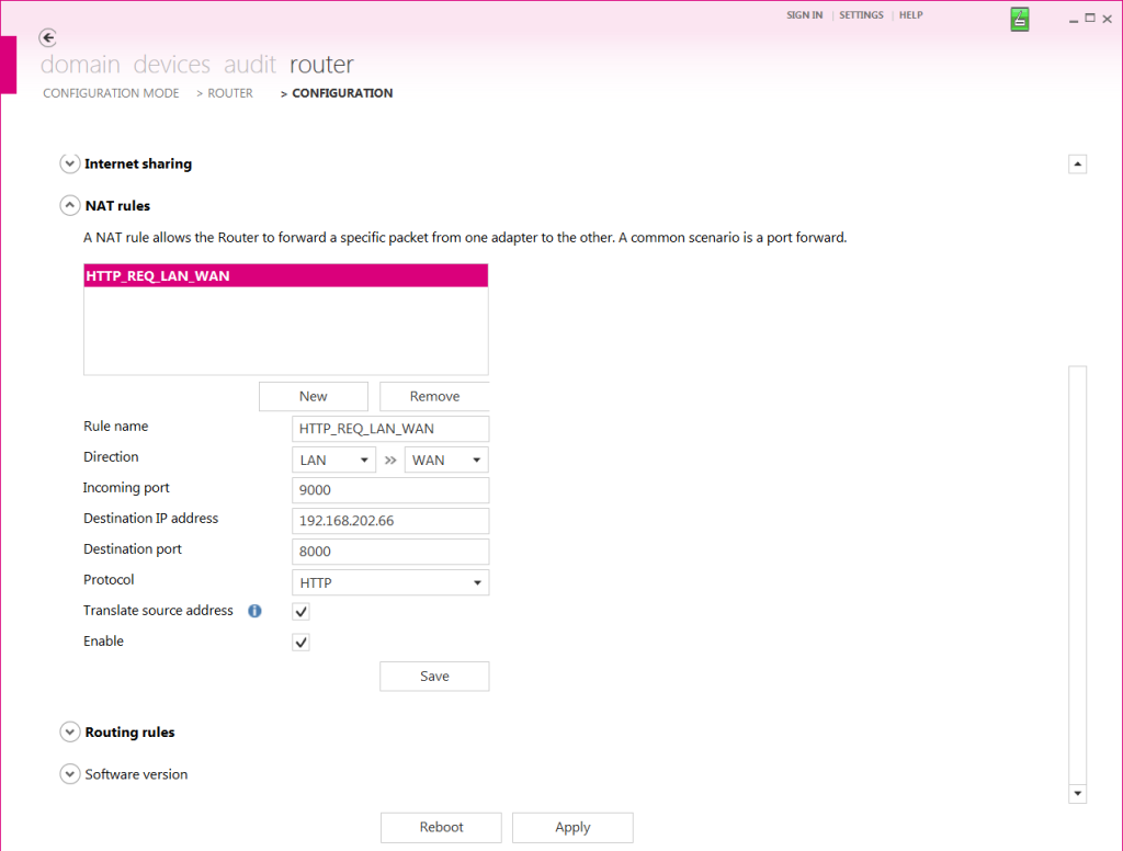 Application of NAT rules with the C6 Router