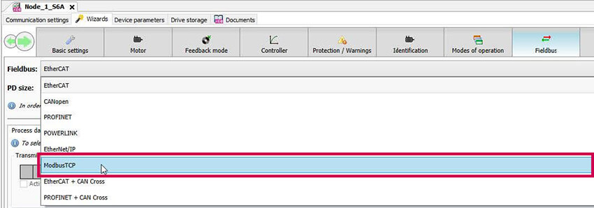 Screenshot of COMBIVIS 6 Modbus TCP setup starting with Fieldbus Selection