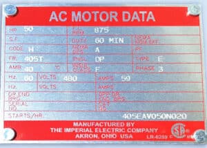 Imperial electric 875rpm 50hp name plate data