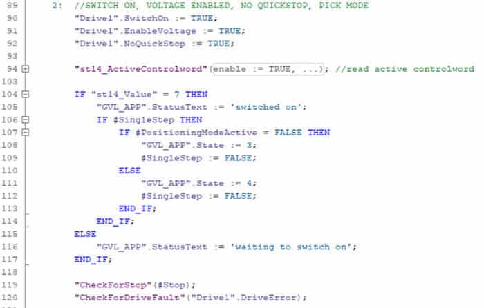 This TIA Portal screen shows the KEB Cia402 state machine now at the “switched on” state for drive control
