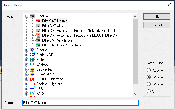 Screenshot showing how to Insert the EtherCAT Master according to the Target controller type