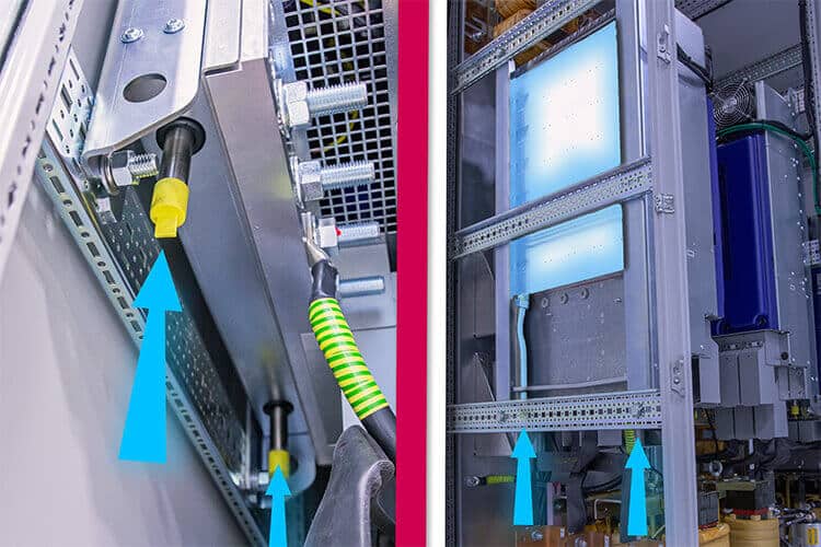 VFDs with liquid cooling are shown inside a drive panel ideal for industrial high speed applications