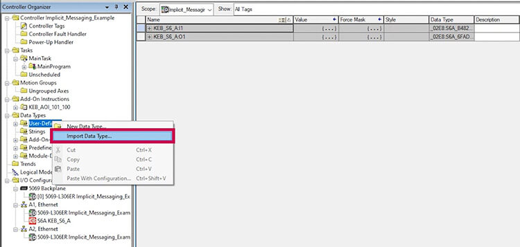 First step to setup implicit messaging on Beckhoff Allen Bradley Logix 5000 software