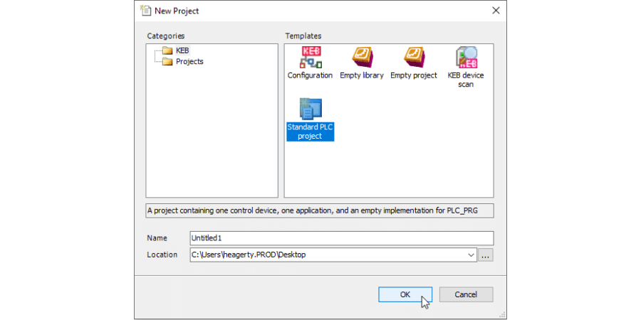 Screenshot of how to Create a PLC project shell