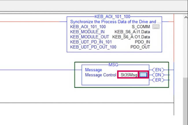 Logix 5000 software screenshot showing how to label message control st35msg