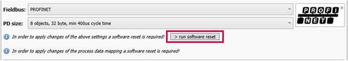 Combivis select the "run software reset" button