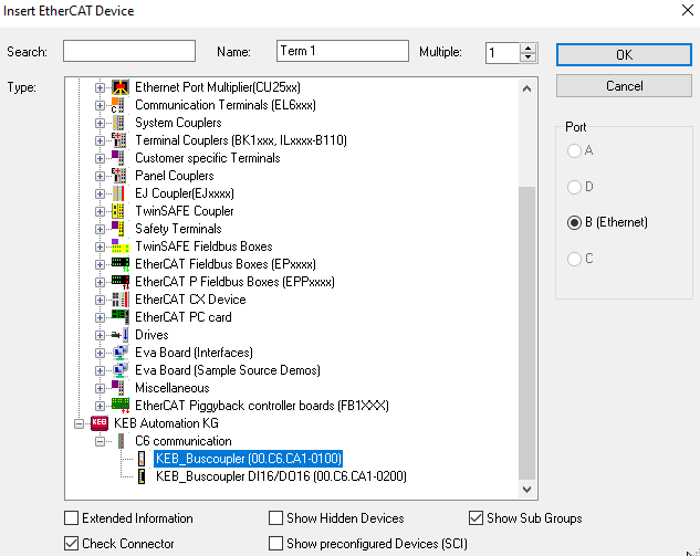 Screenshot showing KEB IO modules imported from the KebIoModules.xml file.