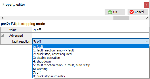 E.Uph Stopping mode Fault Reaction screen on KEB Combivis 6 software
