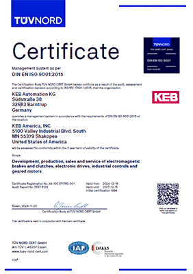 image of KEB America's ISO 9001:2015 Certificate issued by TUV Nord