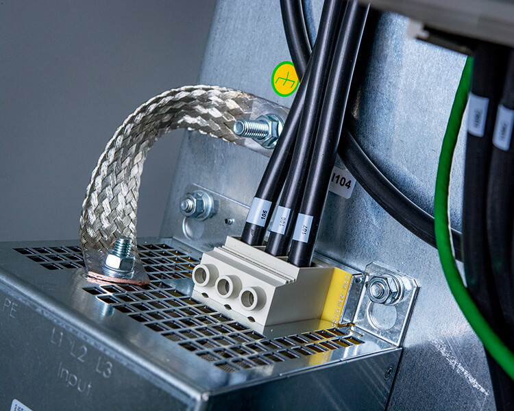 Photo of grounding cable in a high speed VFD control panel