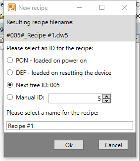 The create a new recipe window in COMBIVIS 6 Software