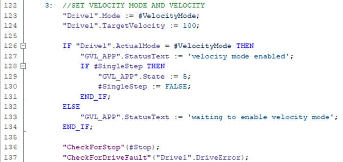 This TIA Portal screenshot is from State 3 which sets the mode of operation and the target velocity.