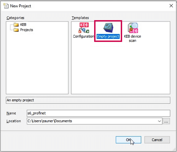 how to open a new project in KEB COMBIVIS programming software
