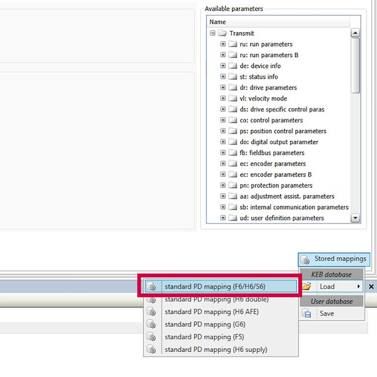 COMBIVIS Tutorial screenshot - EtherNet-IP Setup showing Standard PD mapping for KEB Drives