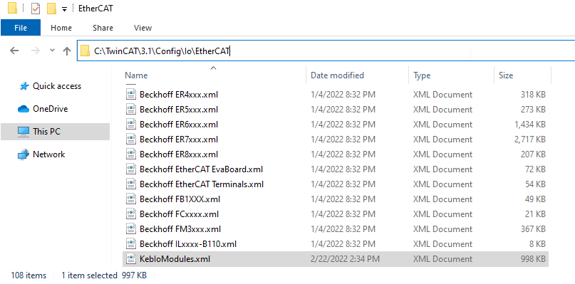 Screenshot showing the directory: C:\TwinCAT.1\Config\Io\EtherCAT