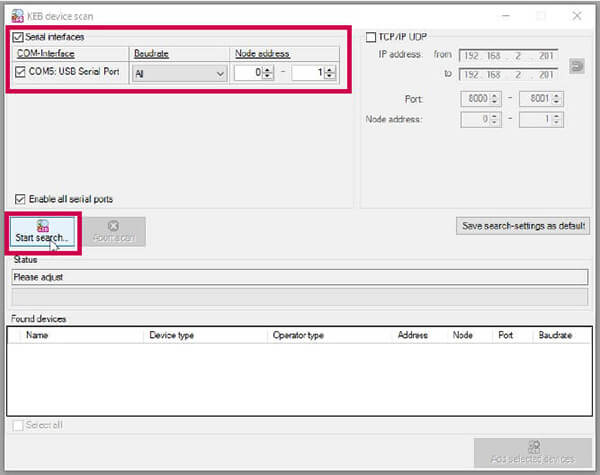 Start device search in COMBIVIS software