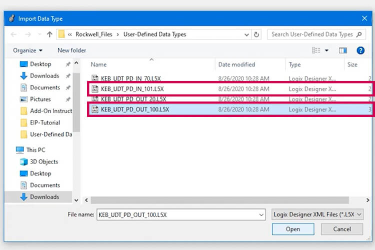 Second step to setup implicit messaging by importing data types on Beckhoff Allen Bradley Logix 5000 software
