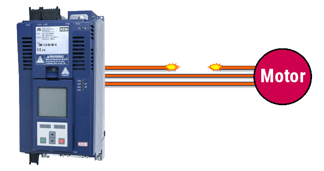 Graphic of a Wiring failure from a VFD to a motor to show the need for protection functions to prevent dangerous machine operation