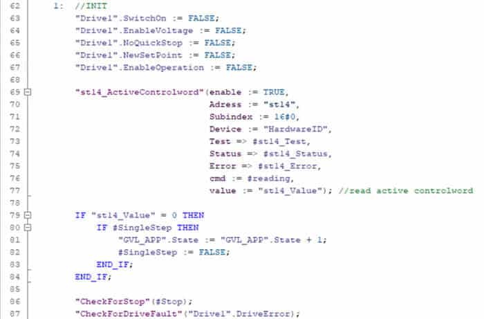 This screenshot in TIA Portal shows State 1, the init state, which sets the main controlword bits to false