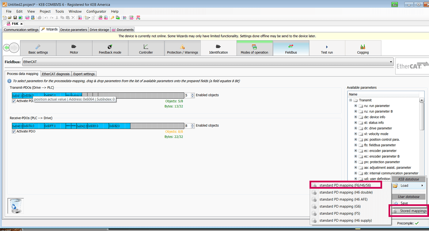 KEB COMBIVIS Programming software screenshot showing EtherCAT Communication Fieldbus function