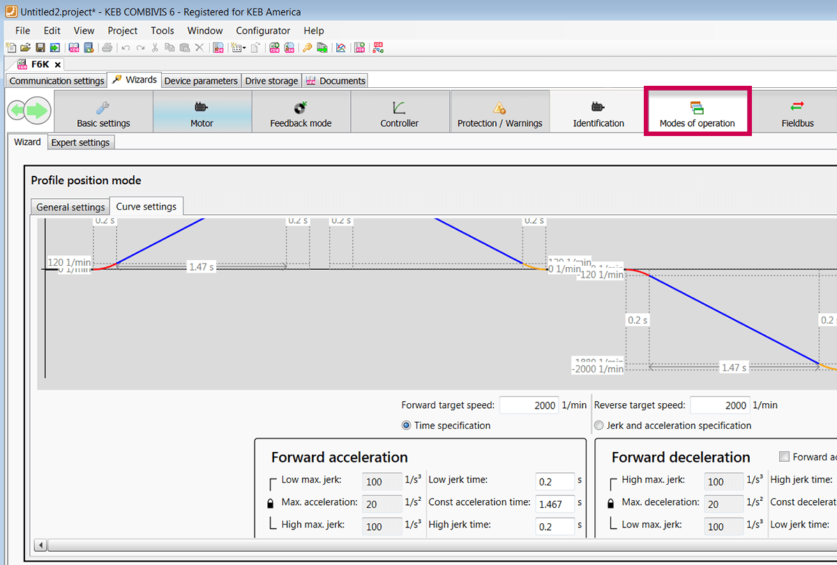 KEB COMBIVIS Programming software screenshot showing profile position modes