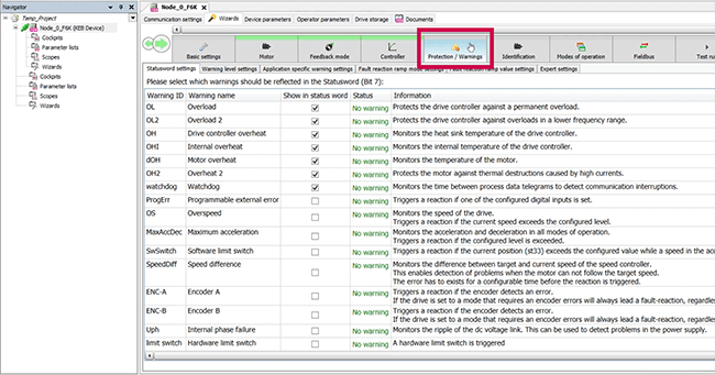 F6 startup _KEB COMBIVIS Protections and Warnings tab