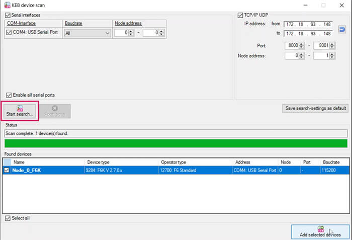 KEB Device Scan Window in Combivis 6 software