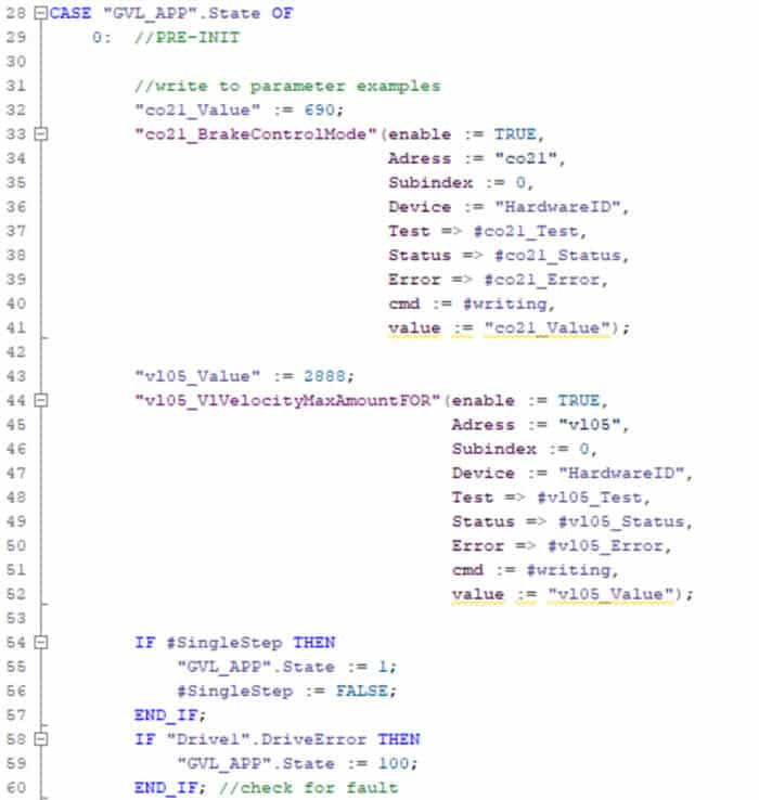 TIA Portal tutorial screen showing how to configure State 0, the pre-init state as an example of acyclic communication.