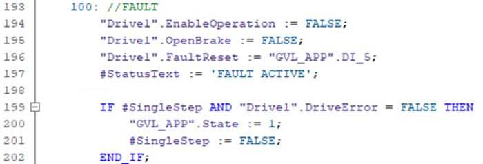 Screenshot of TiA Portal code showing State 100 in the CiA 402 State machine. This state requires that the drive be free from faults to return to the program init state.