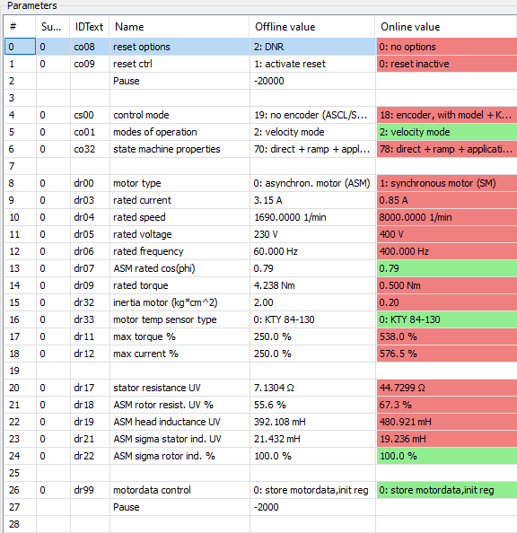 KEB VFDs - Quickly compare online and offline parameter values
