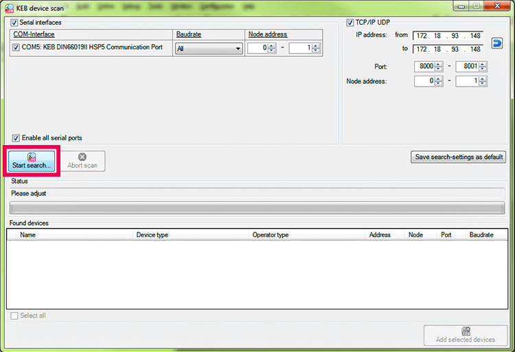 Scan for Device_Start Search Button_Combivis Software