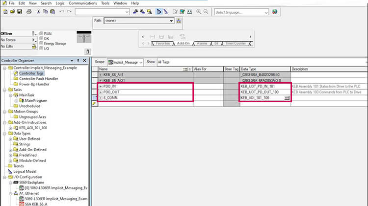 Figure 4 guide to implicit messaging on Logix 5000 showing how to Edit Controller Tags, Names, Data Types